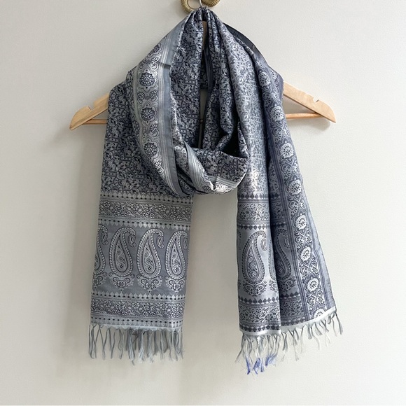 Silky Floral Paisley Brocade Fringe Trim Scarf Ice Blue - Picture 1 of 6